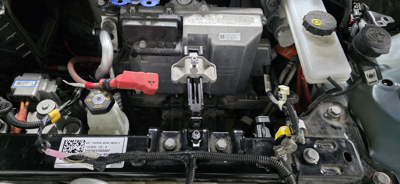 Tesla Model 3 12V battery compartment close-up showing red terminal cover and brake reservoir