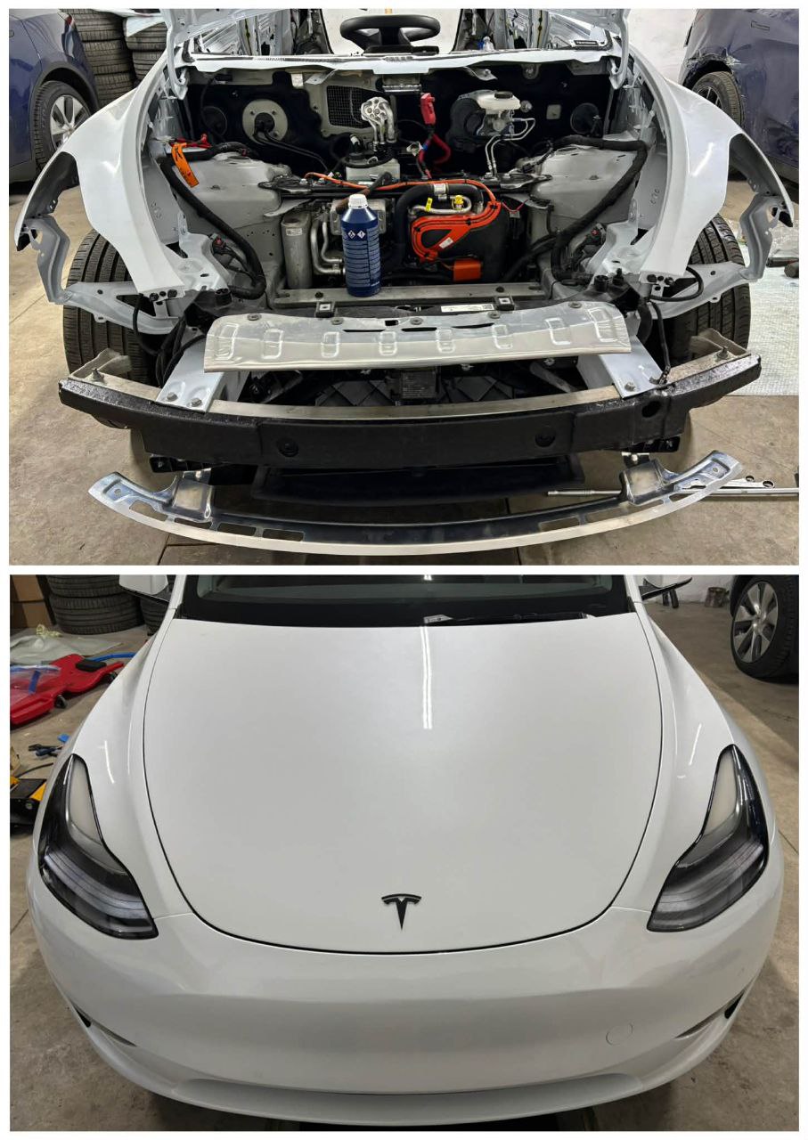 Tesla Model 3 frunk area exposed during front-end repair, showing wiring and coolant system